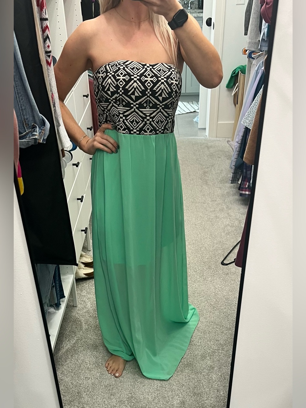 Black & Mint Green Strapless Maxi Dress Boutique Dress Aztec Print Size Medium